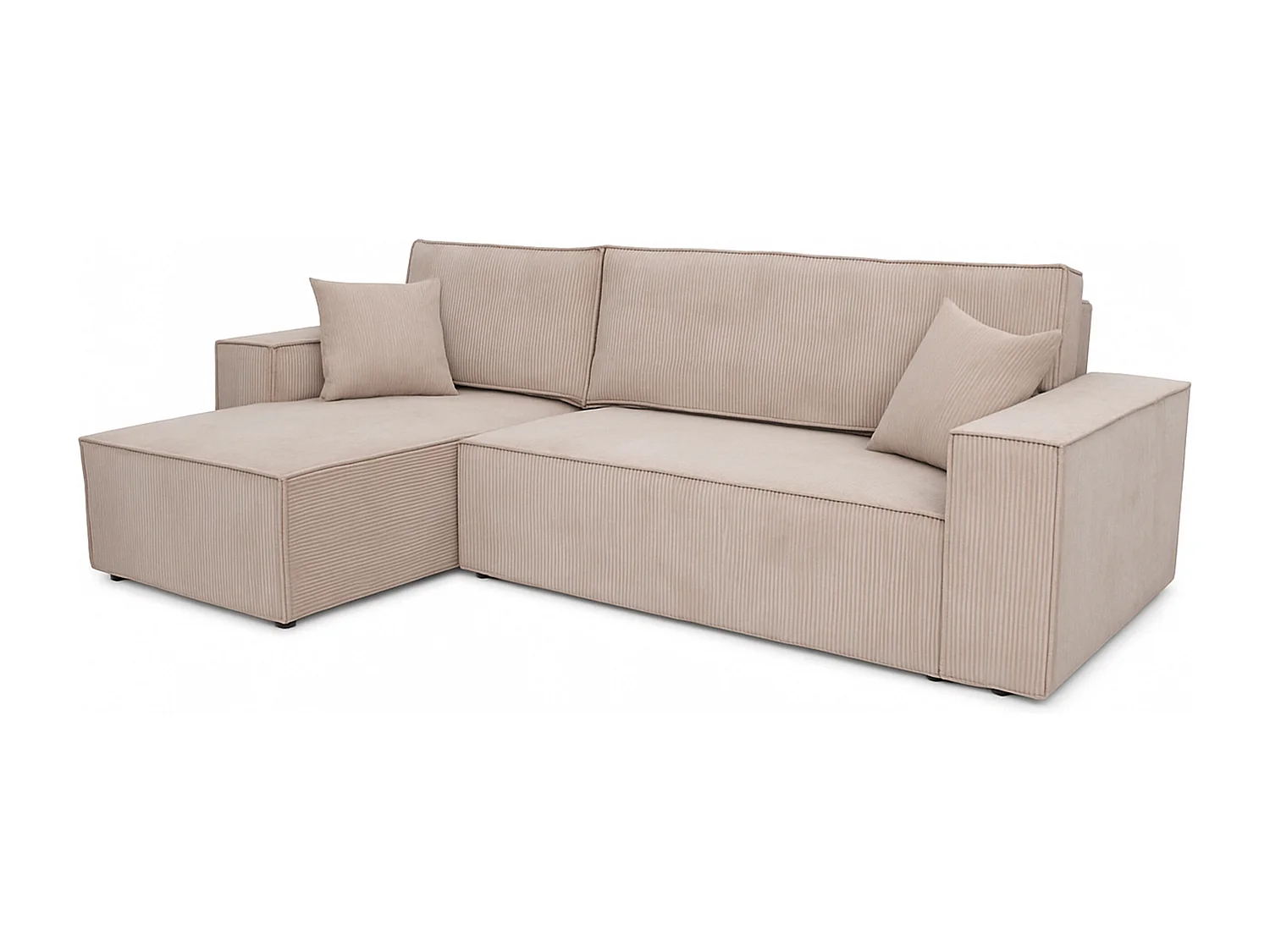 Canapé d’angle convertible réversible, velours côtelé beige, grand coffre de rangement, fonction couchage, montage universel gauche/droite CARLOS L - VINOTTI