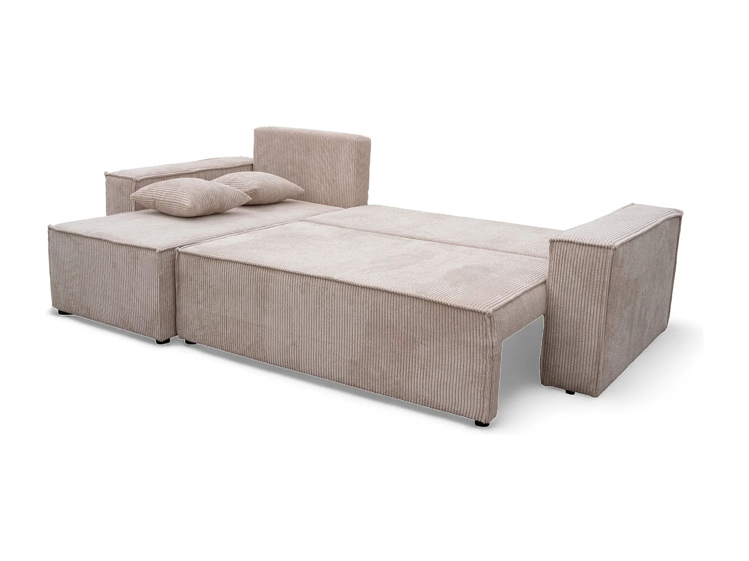 Canapé d’angle convertible réversible, velours côtelé beige, grand coffre de rangement, fonction couchage, montage universel gauche/droite CARLOS L - VINOTTI