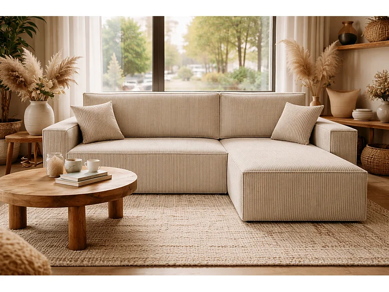 Canapé d’angle convertible réversible, velours côtelé beige, grand coffre de rangement, fonction couchage, montage universel gauche/droite CARLOS L - VINOTTI