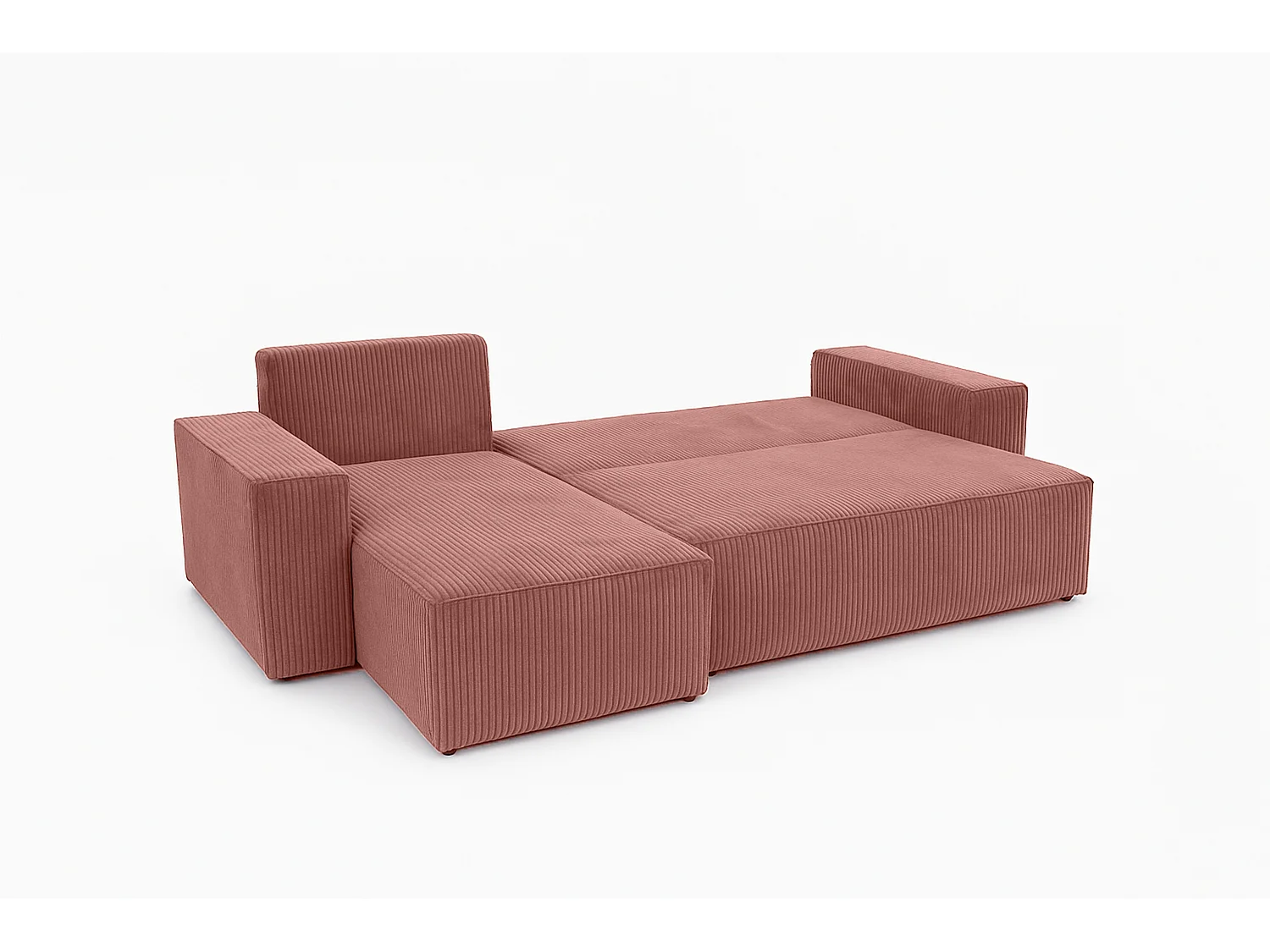 Canapé d’angle convertible réversible, velours côtelé beige, grand coffre de rangement, fonction couchage, montage universel gauche/droite CARLOS L - VINOTTI