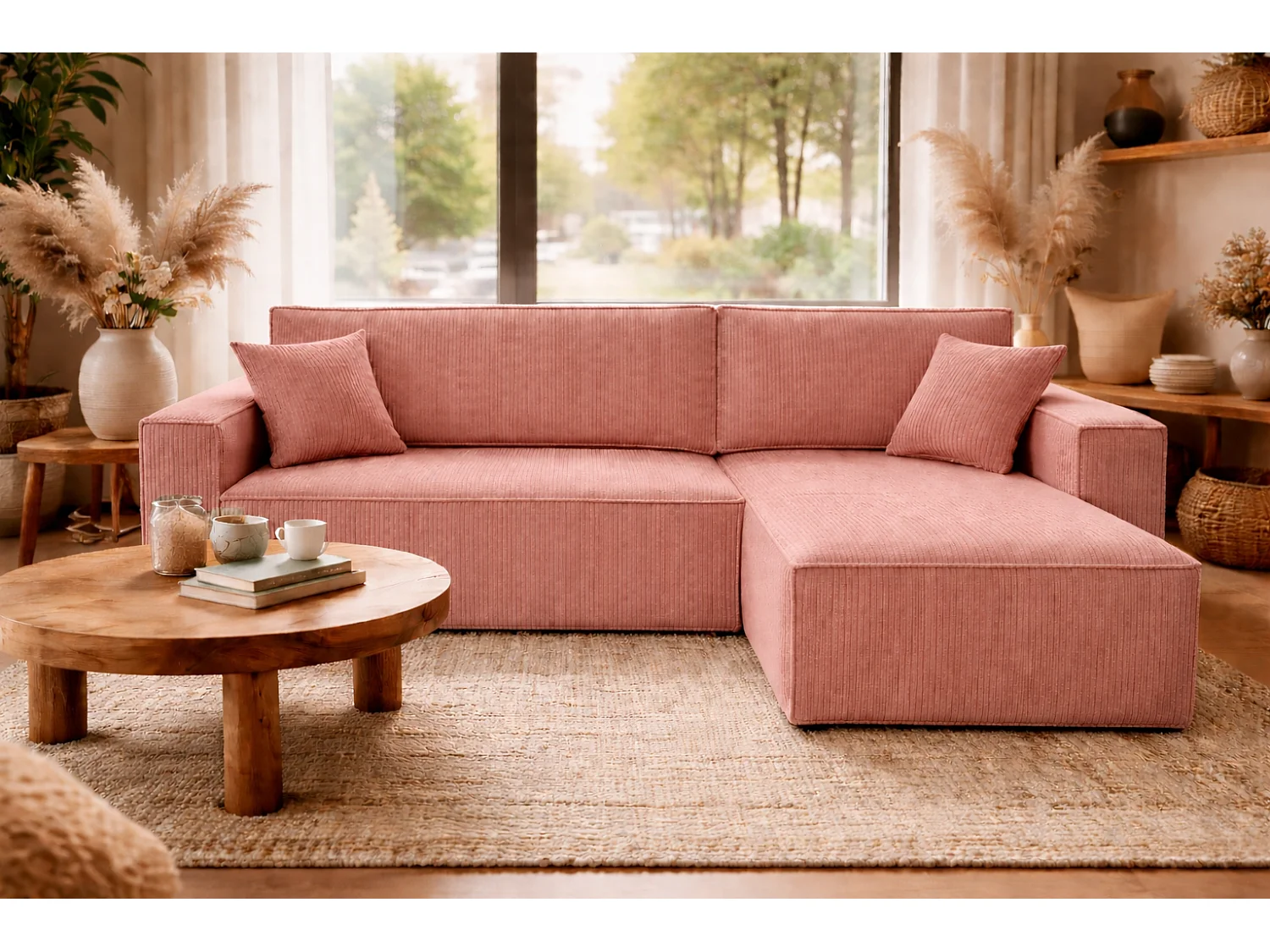 Canapé d’angle convertible réversible, velours côtelé beige, grand coffre de rangement, fonction couchage, montage universel gauche/droite CARLOS L - VINOTTI