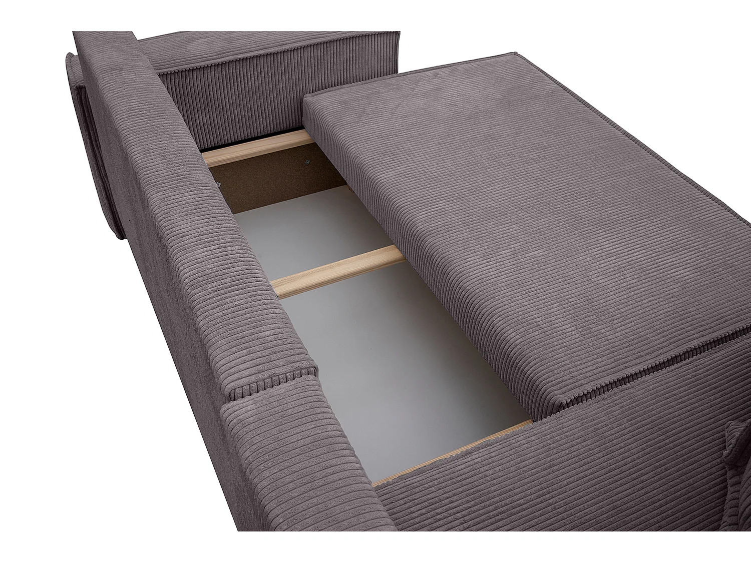 Canapé d’angle convertible réversible, velours côtelé beige, grand coffre de rangement, fonction couchage, montage universel gauche/droite CARLOS L - VINOTTI