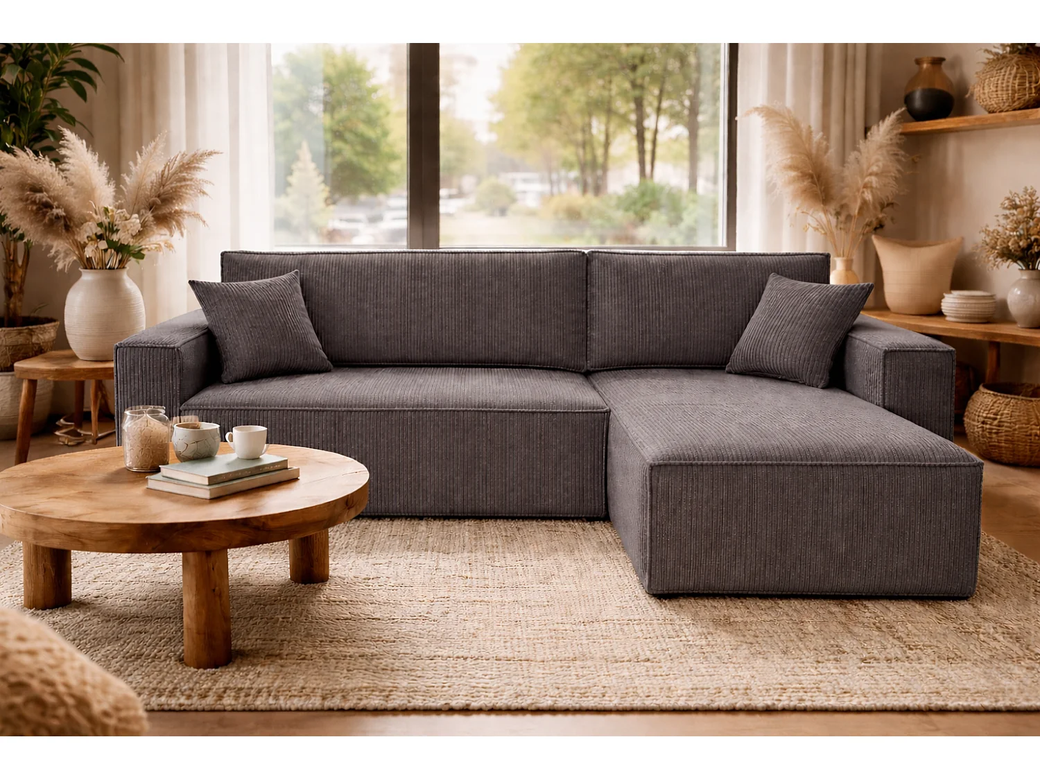 Canapé d’angle convertible réversible, velours côtelé beige, grand coffre de rangement, fonction couchage, montage universel gauche/droite CARLOS L - VINOTTI