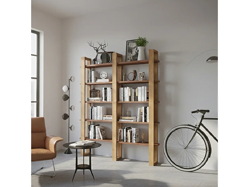 Libreria Scaffale in Legno Massello 160x200 cm - 5 Ripiani - Design Made in Italy Rovere e Teak - Sunwood