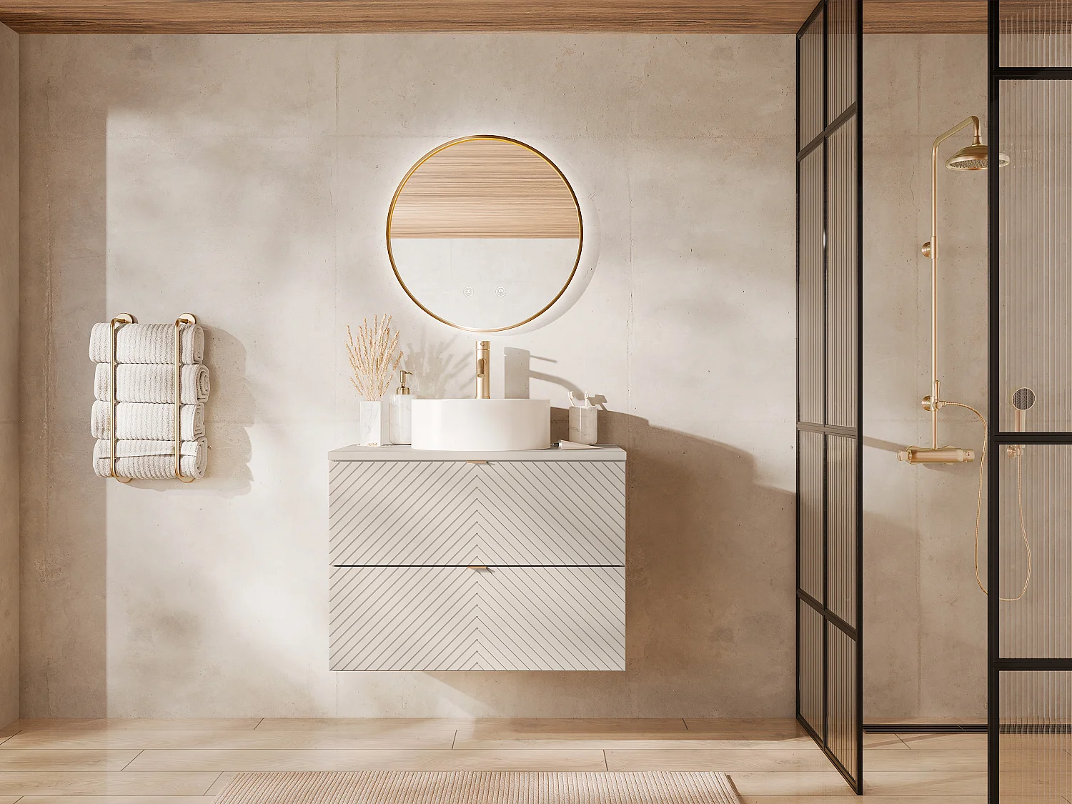 Meuble de salle de bain suspendu avec vasque à poser ronde et robinet - Beige - 80 cm - DORIONI
