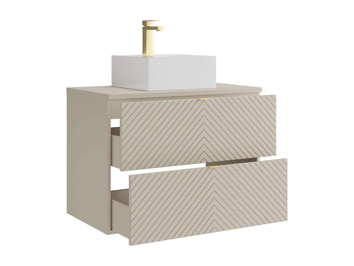 Hängender Badschrank mit Aufsatzwaschbecken quadratisch und Armatur - Beige - 80 cm - DORIONI