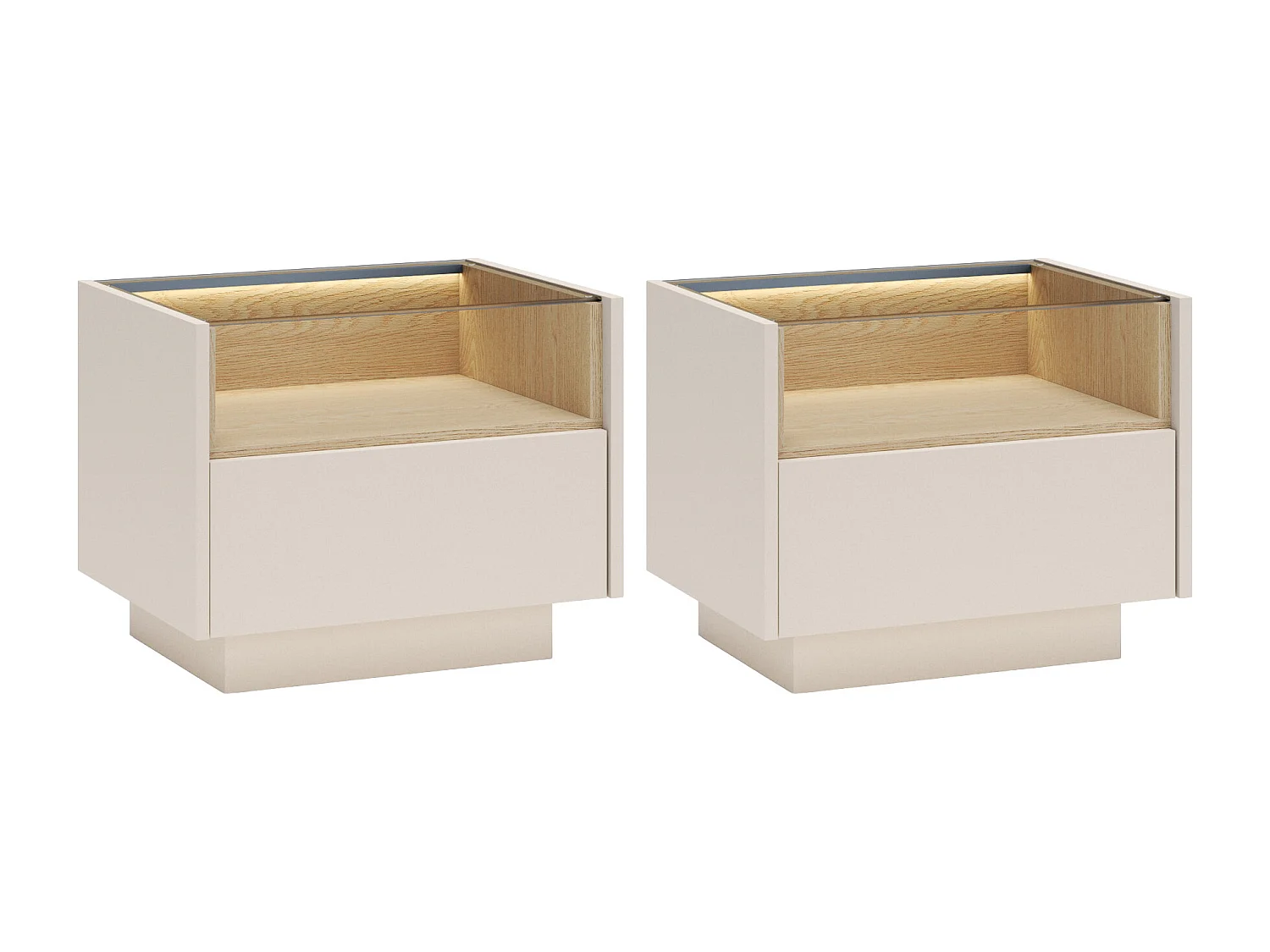 Lot de 2 tables de chevet 1 tiroir et 1 niche – Avec LEDs - Beige et naturel clair - ALIVENTO