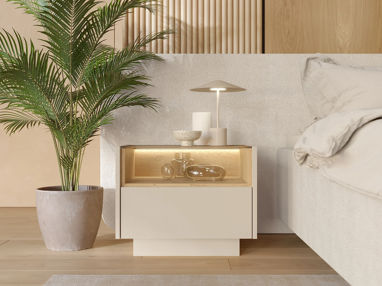 Lot de 2 tables de chevet 1 tiroir et 1 niche – Avec LEDs - Beige et naturel clair - ALIVENTO