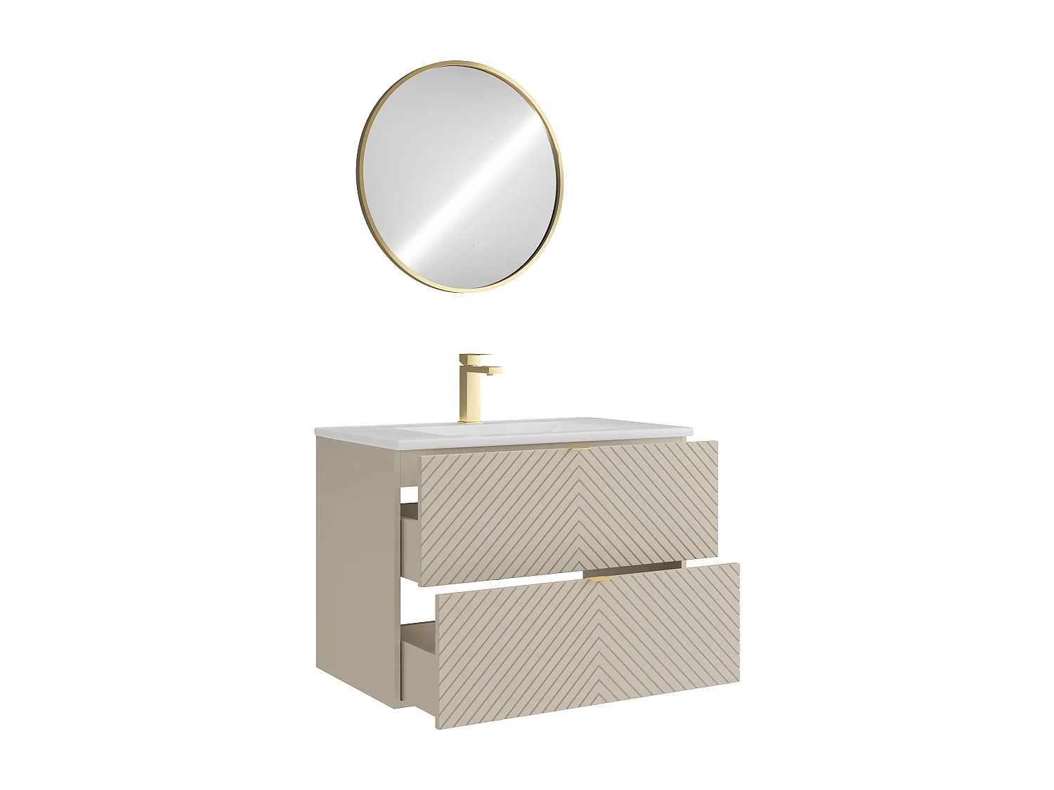 Hängender Badschrank mit Einbauwaschbecken, Armatur und Spiegel - Beige - 80 cm - DORIONI