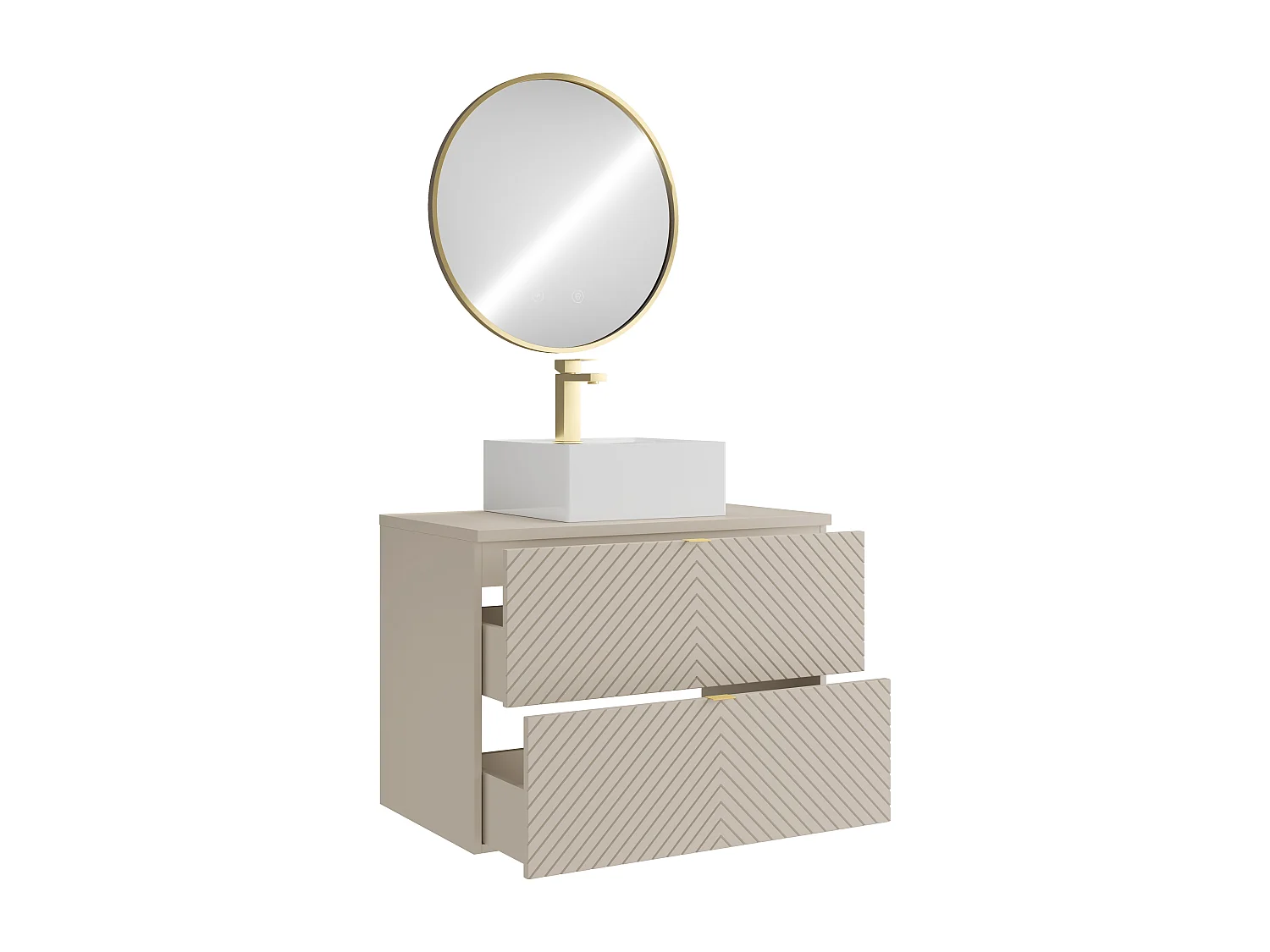 Hängender Badschrank mit Aufsatzwaschbecken quadratisch, Armatur und Spiegel - Beige - 80 cm - DORIONI