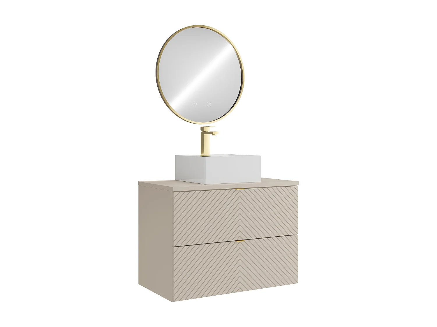 Hängender Badschrank mit Aufsatzwaschbecken quadratisch, Armatur und Spiegel - Beige - 80 cm - DORIONI