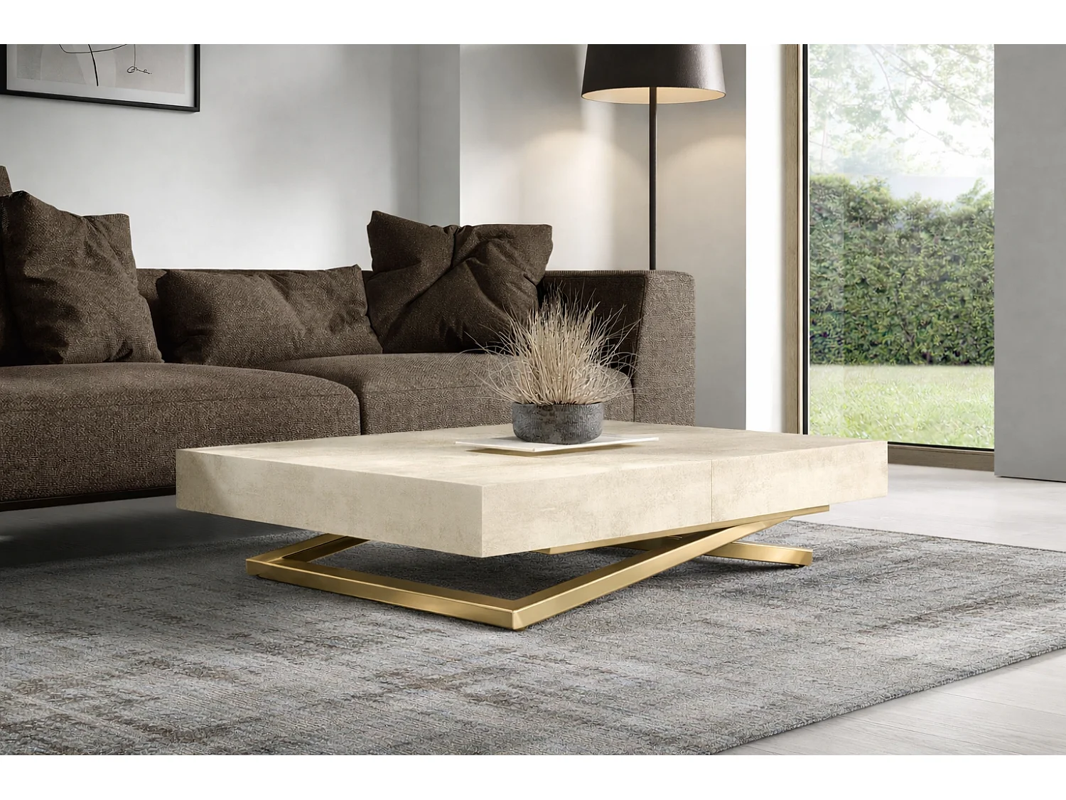 Table extensible 120 cm Ducale U - table de salon 120-200 cm, hauteur réglable, piètement doré - White Chromix