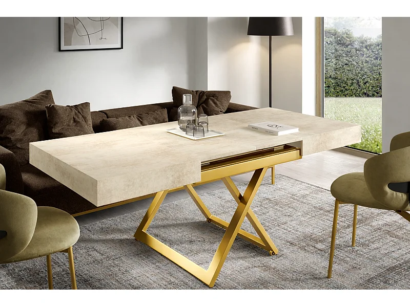 Table extensible 120 cm Ducale U - table de salon 120-200 cm, hauteur réglable, piètement doré - White Chromix