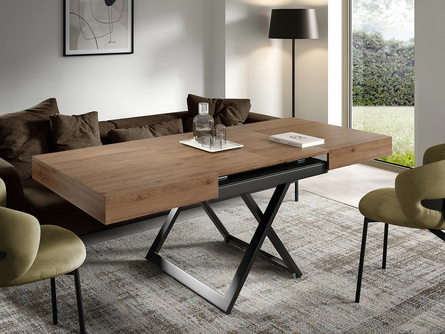 Table extensible 120 cm Ducale U - table de salon 120-200 cm, hauteur réglable, piètement noir - Truffle Brown Davos Oak