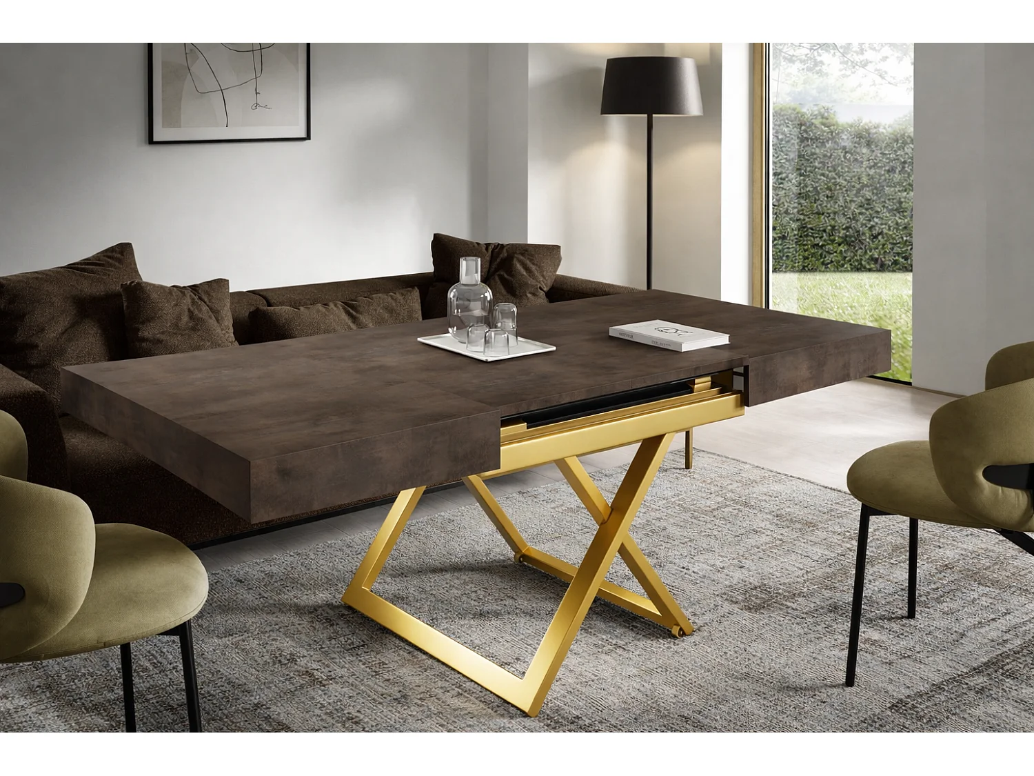 Table extensible 120 cm Ducale U - table de salon 120-200 cm, hauteur réglable, piètement doré - Dark Grey Chicago