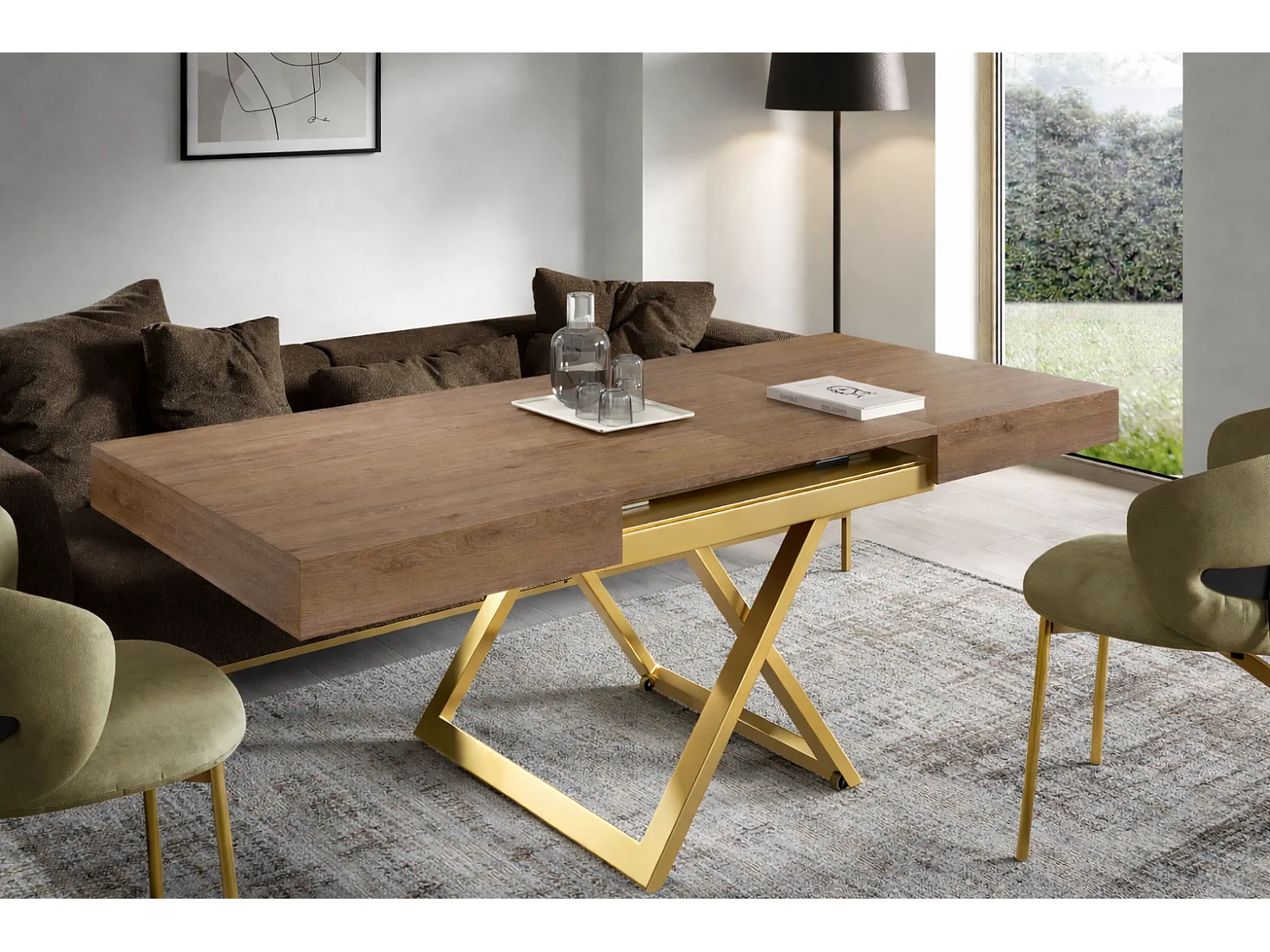 Table extensible 120 cm Ducale U - table de salon 120-200 cm, hauteur réglable, piètement doré - Truffle Brown Davos Oak