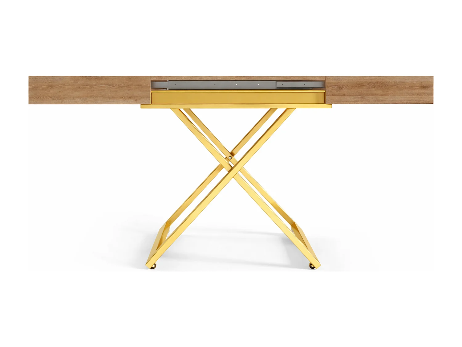 Table extensible 120 cm Ducale U - table de salon 120-200 cm, hauteur réglable, piètement doré - Truffle Brown Davos Oak