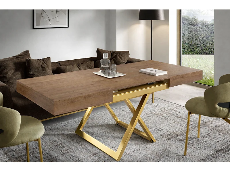 Table extensible 120 cm Ducale U - table de salon 120-200 cm, hauteur réglable, piètement doré - Truffle Brown Davos Oak