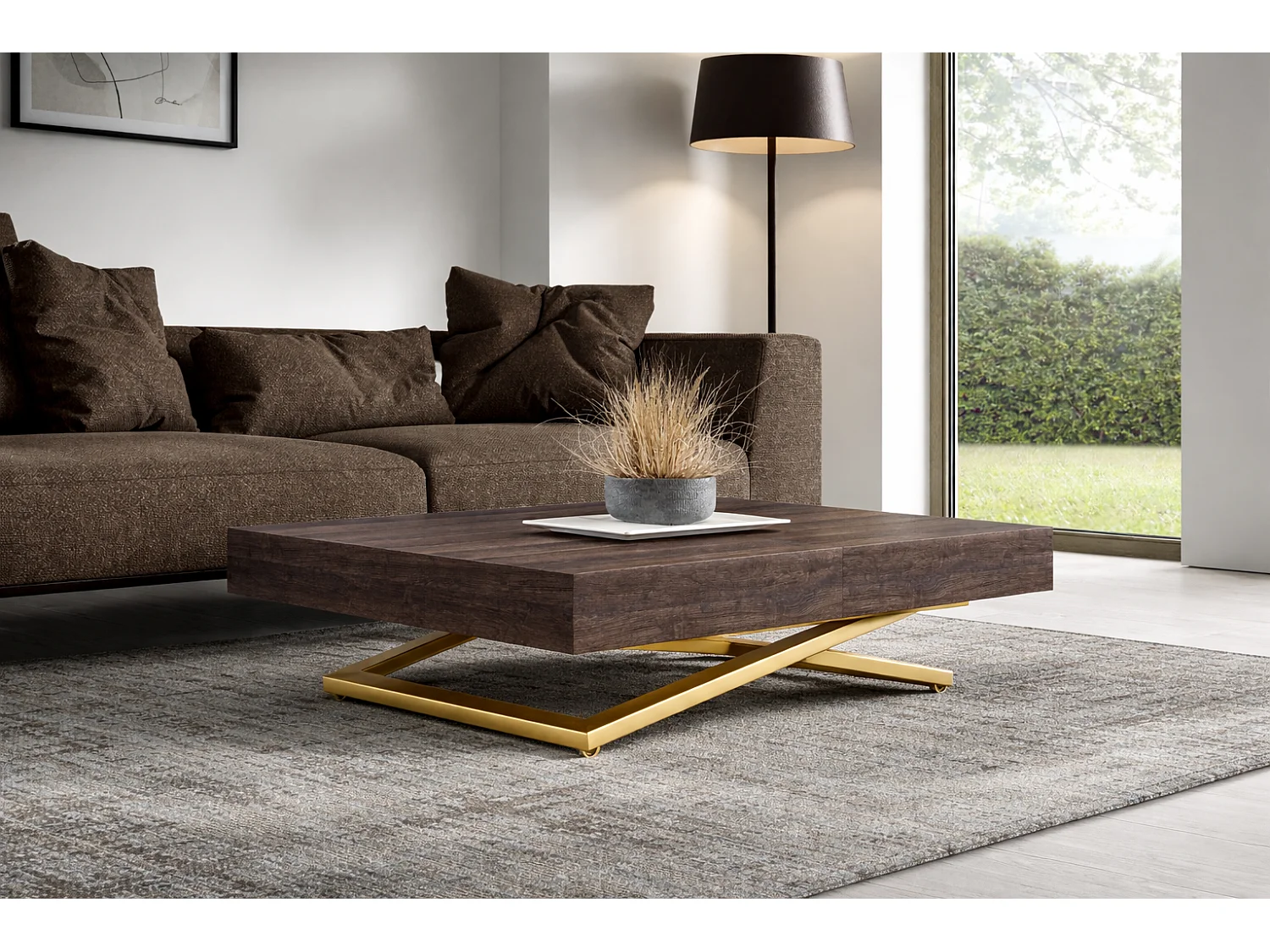 Table extensible 120 cm Ducale U - table de salon 120-200 cm, hauteur réglable, piètement doré - Anthracite Sherman Oak