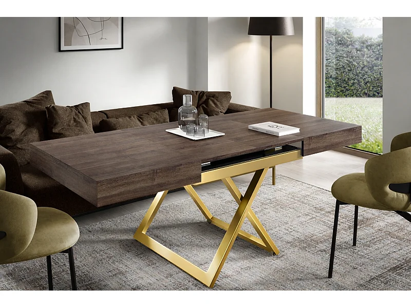 Table extensible 120 cm Ducale U - table de salon 120-200 cm, hauteur réglable, piètement doré - Anthracite Sherman Oak