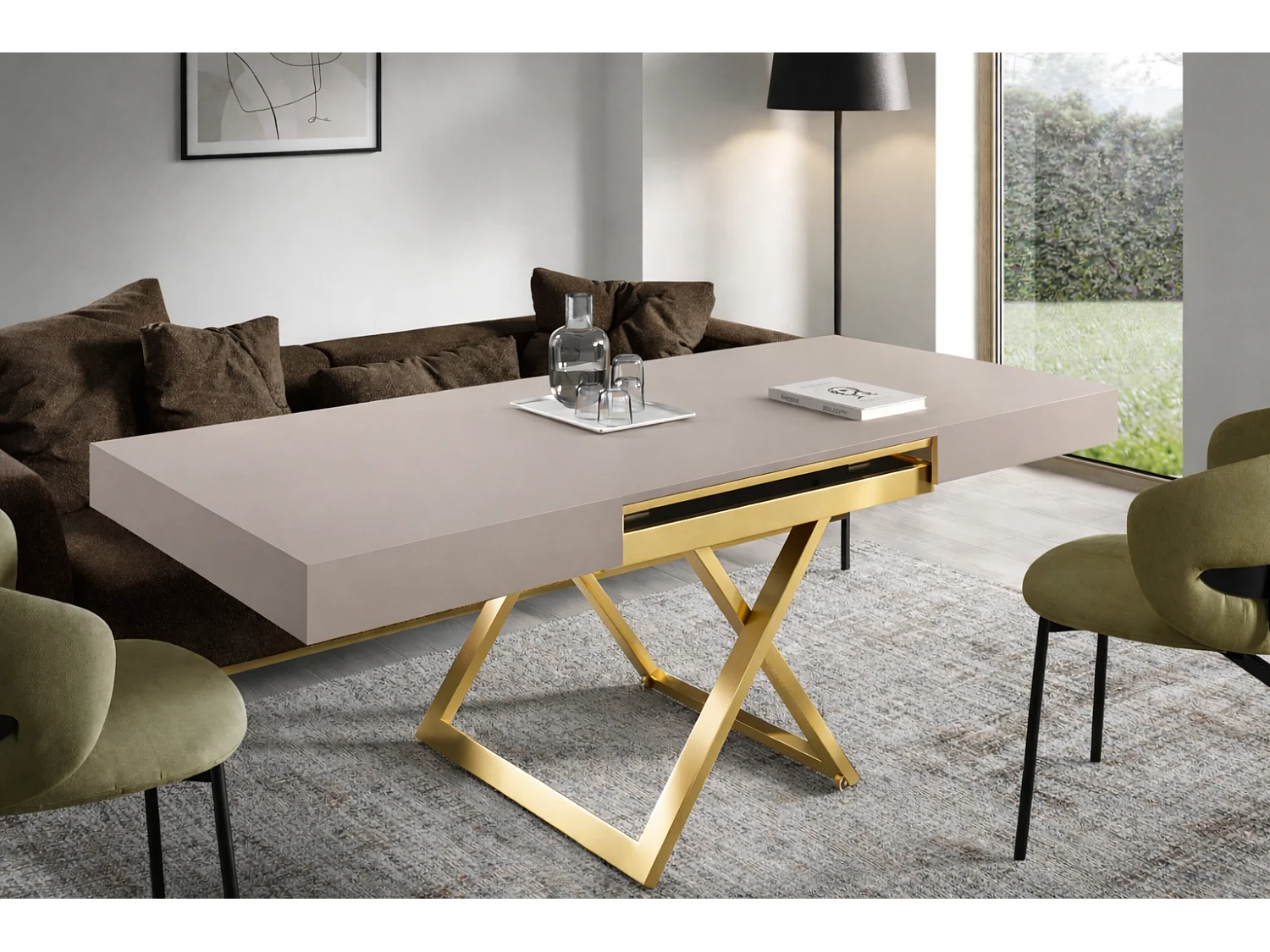 Table extensible 120 cm Ducale U - table de salon 120-200 cm, hauteur réglable, piètement doré - Cachemire