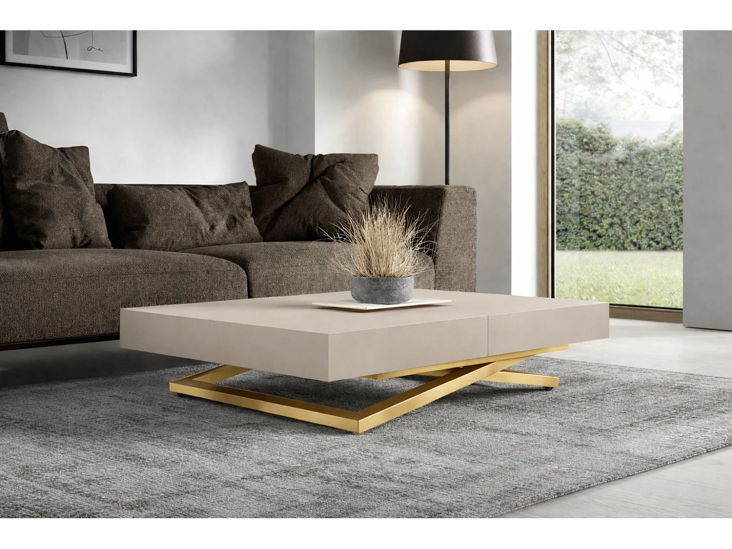 Table extensible 120 cm Ducale U - table de salon 120-200 cm, hauteur réglable, piètement doré - Cachemire