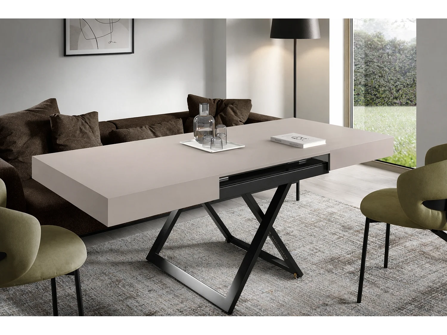 Table extensible 120 cm Ducale U - table de salon 120-200 cm, hauteur réglable, piètement noir - Cachemire