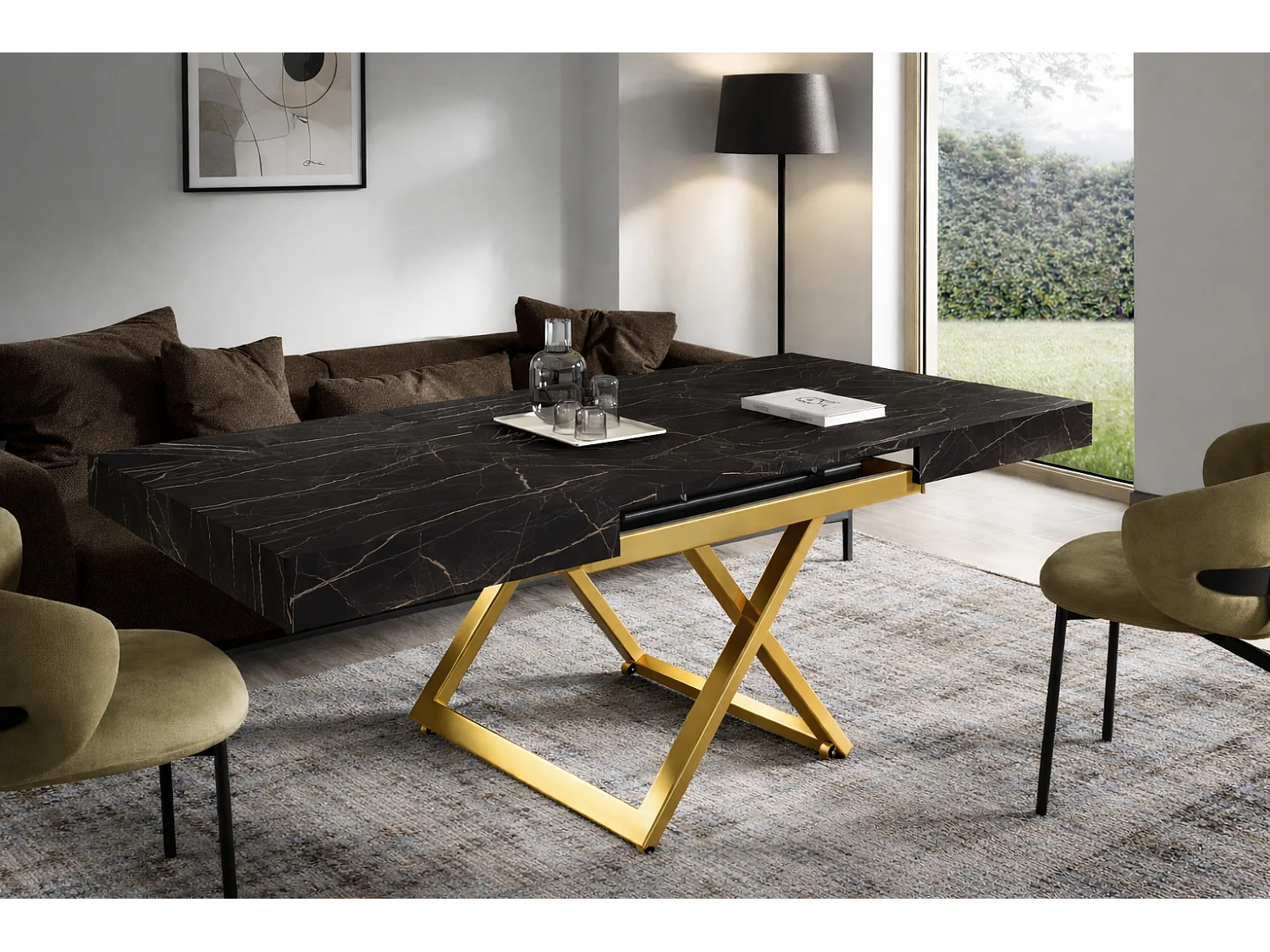 Table extensible 120 cm Ducale U - table de salon 120-200 cm, hauteur réglable, piètement doré - Black Pietra Grigia