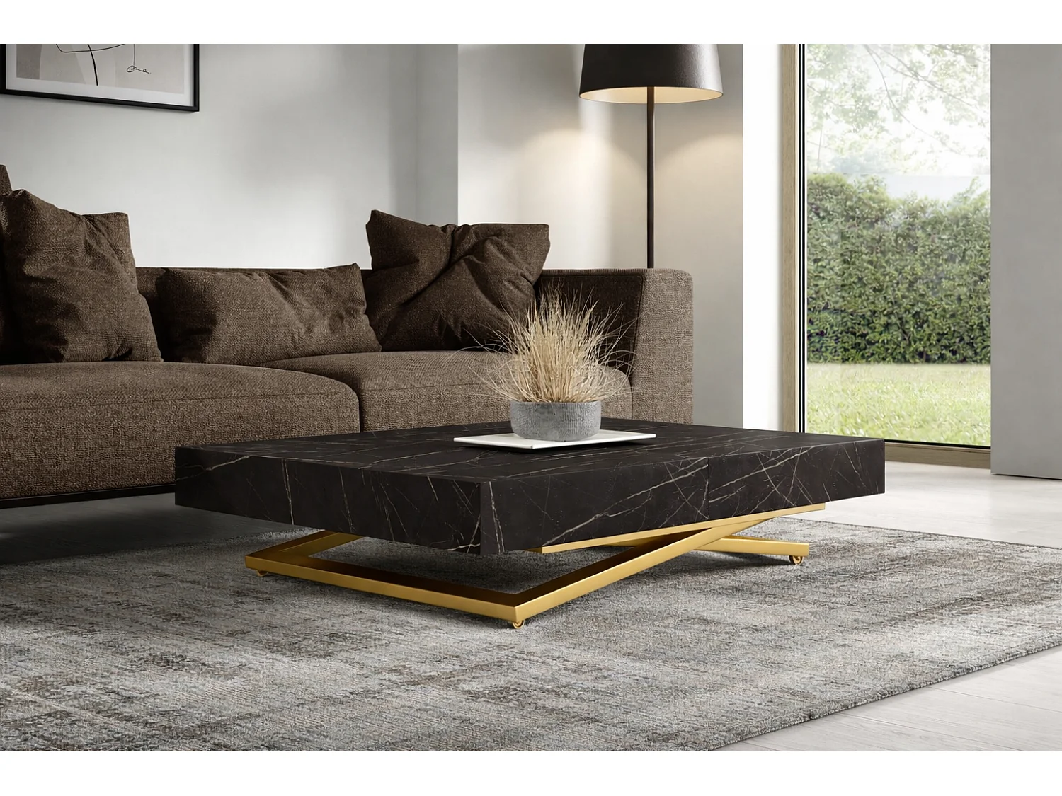 Table extensible 120 cm Ducale U - table de salon 120-200 cm, hauteur réglable, piètement doré - Black Pietra Grigia