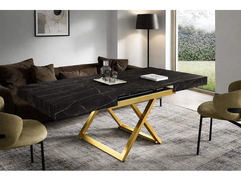 Table extensible 120 cm Ducale U - table de salon 120-200 cm, hauteur réglable, piètement doré - Black Pietra Grigia