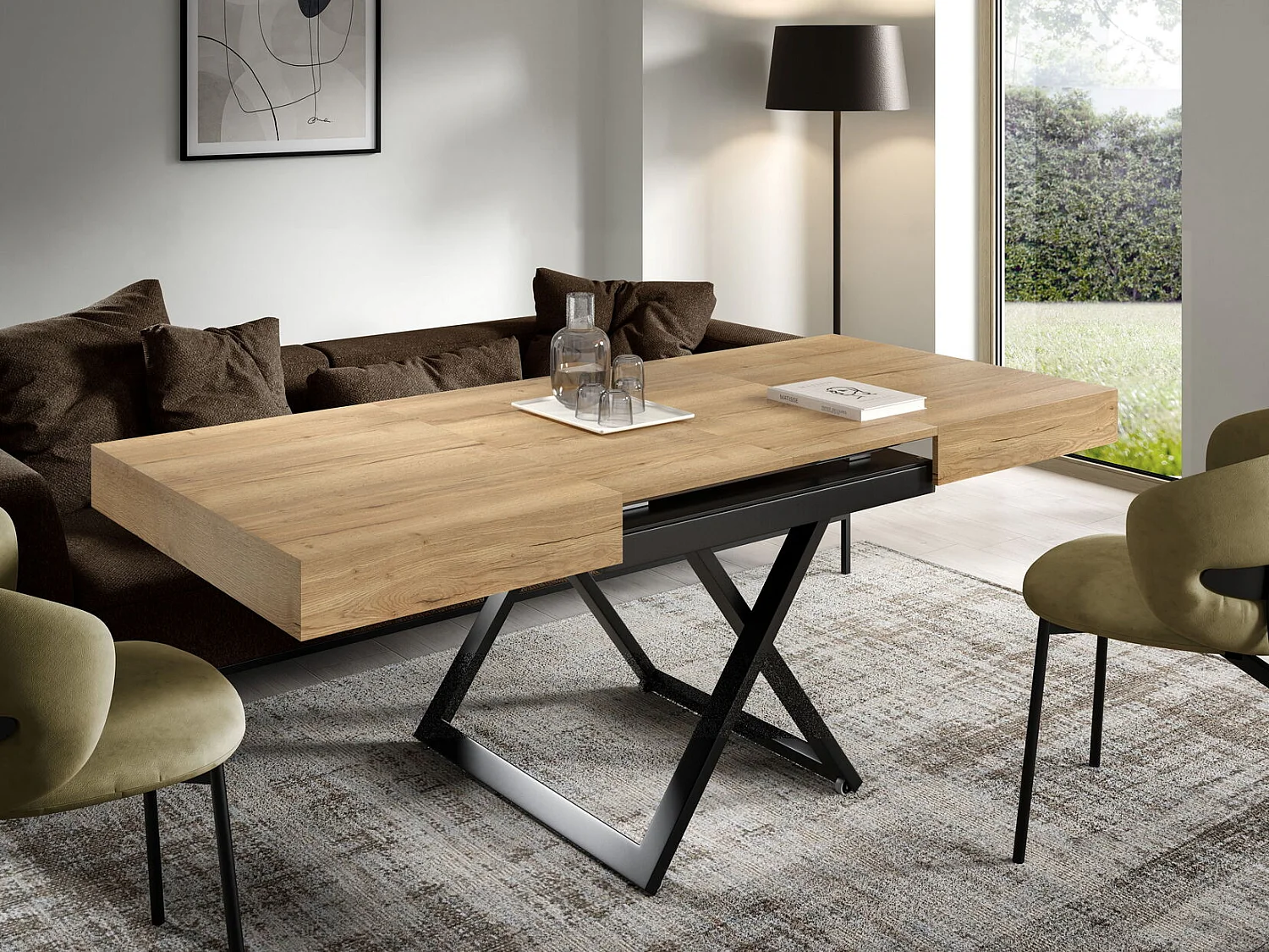 Table extensible 120 cm Ducale U - table de salon 120-200 cm, hauteur réglable, piètement noir - Natural Halifax Oak