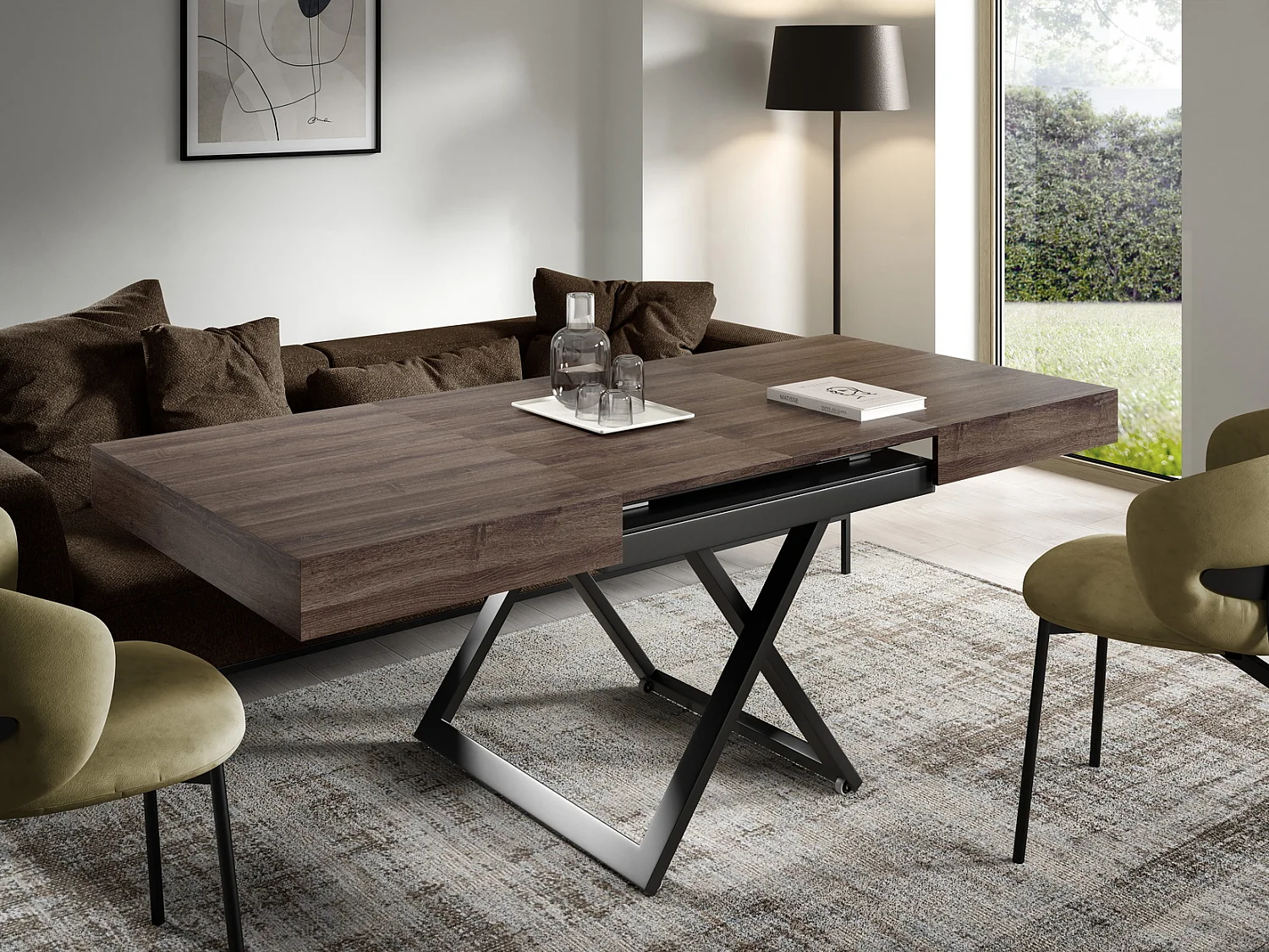 Table extensible 120 cm Ducale U - table de salon 120-200 cm, hauteur réglable, piètement noir - Anthracite Sherman Oak