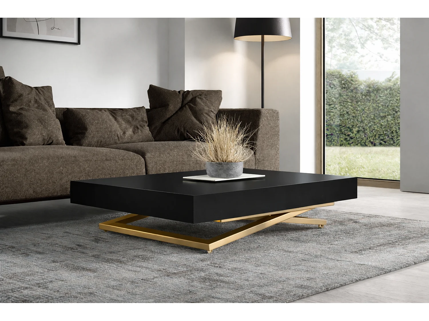 Table extensible 120 cm Ducale U - table de salon 120-200 cm, hauteur réglable, piètement doré - Noir