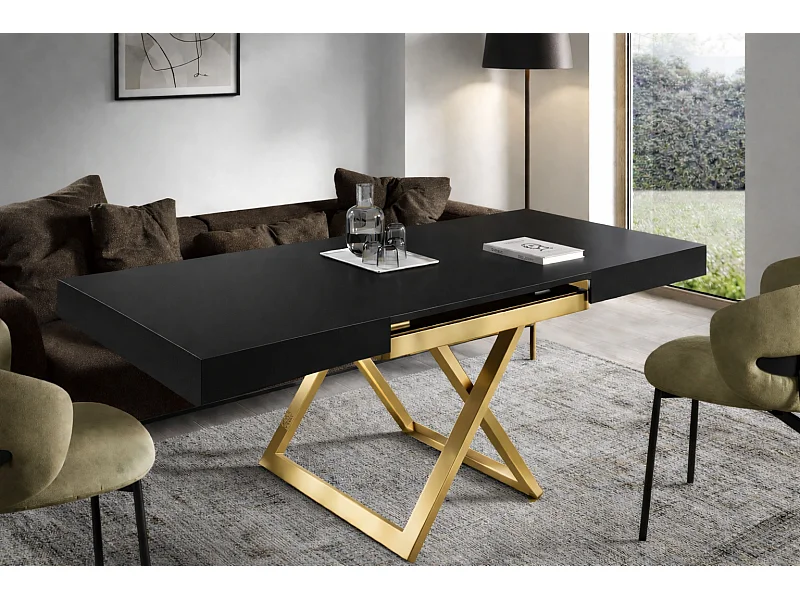 Table extensible 120 cm Ducale U - table de salon 120-200 cm, hauteur réglable, piètement doré - Noir