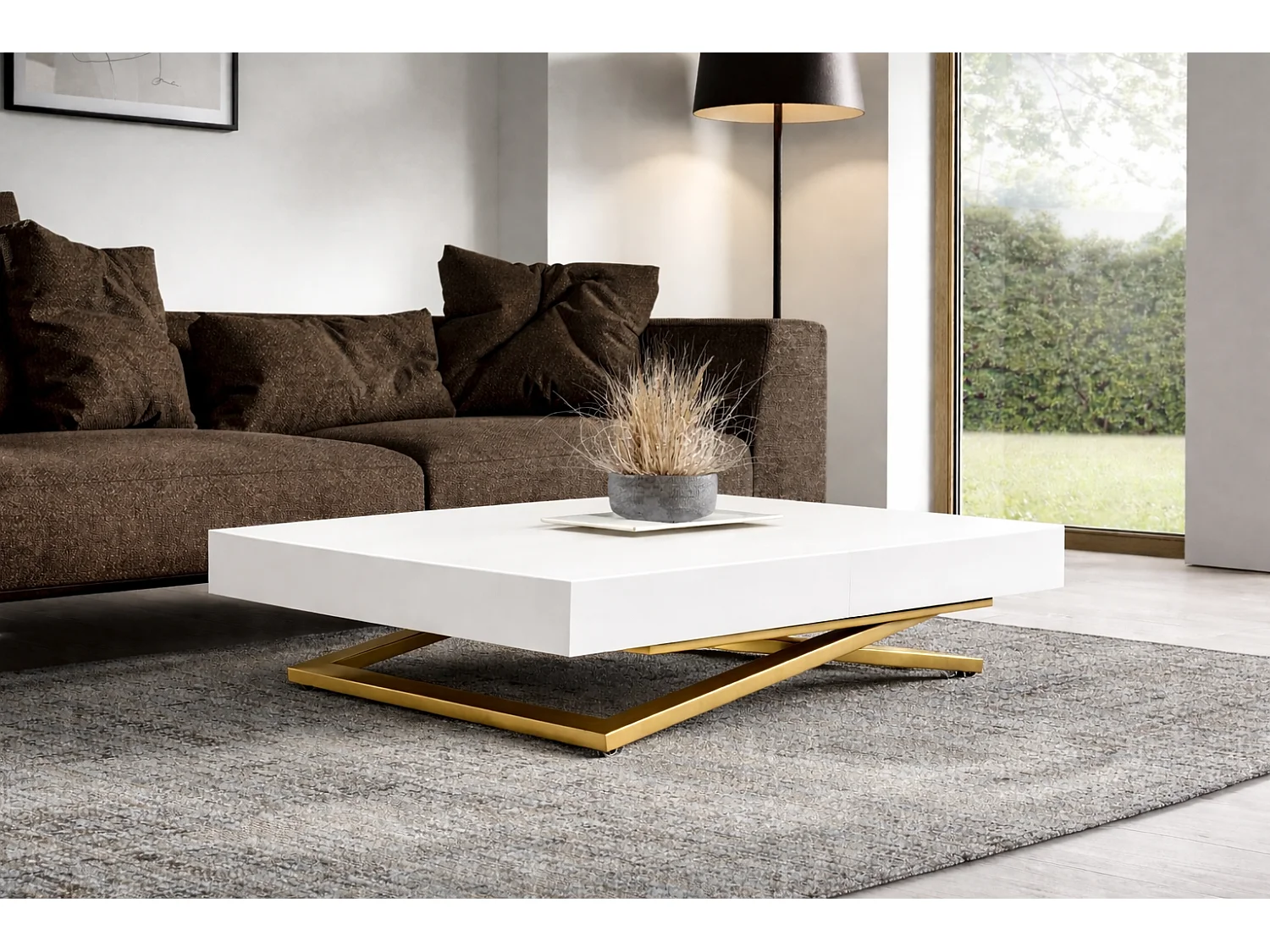 Table extensible 120 cm Ducale U - table de salon 120-200 cm, hauteur réglable, piètement doré - Blanc