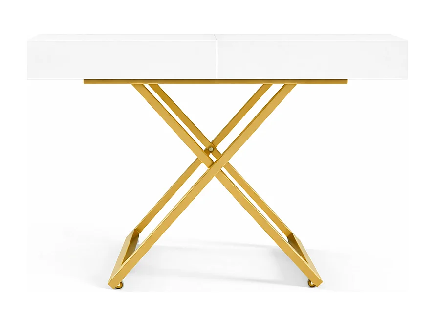 Table extensible 120 cm Ducale U - table de salon 120-200 cm, hauteur réglable, piètement doré - Blanc