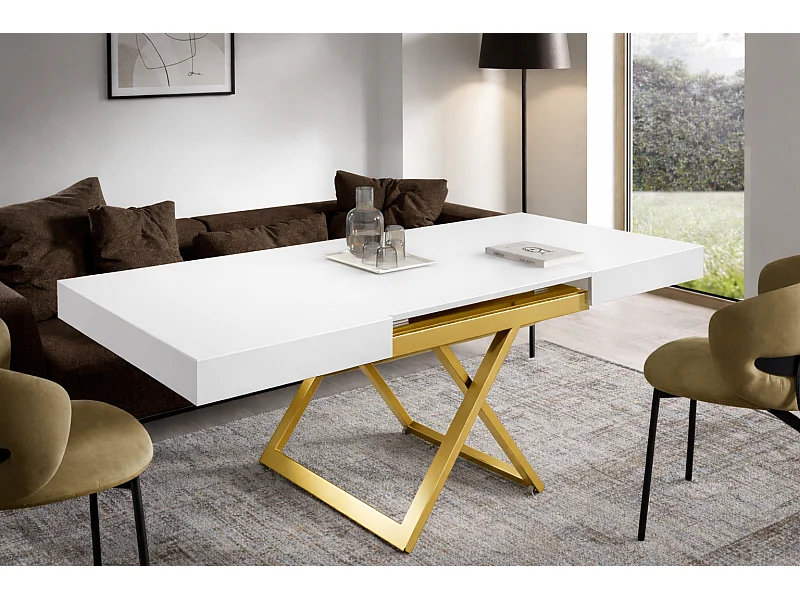Table extensible 120 cm Ducale U - table de salon 120-200 cm, hauteur réglable, piètement doré - Blanc