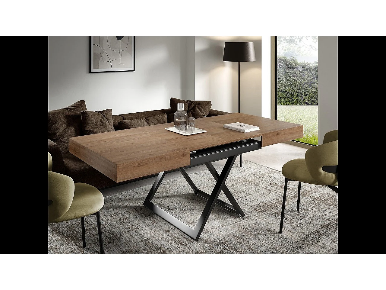 Table extensible 120 cm Ducale U - table de salon 120-200 cm, hauteur réglable, piètement doré - Natural Halifax Oak