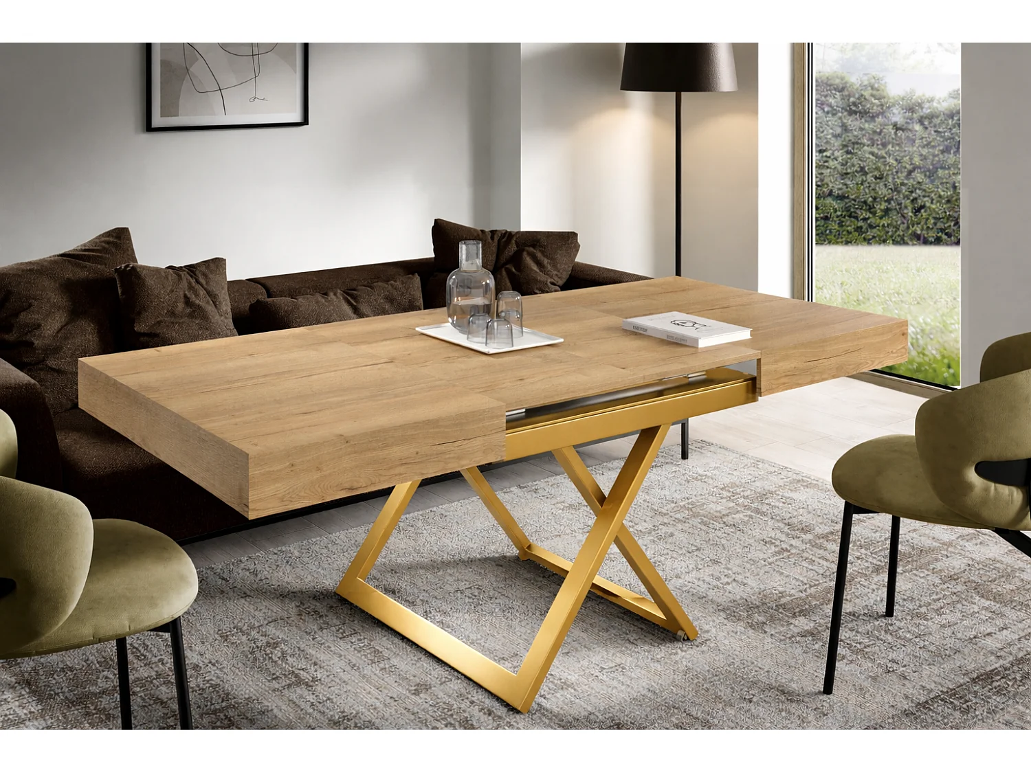 Table extensible 120 cm Ducale U - table de salon 120-200 cm, hauteur réglable, piètement doré - Natural Halifax Oak