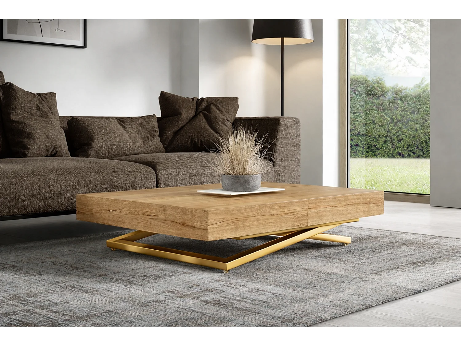 Table extensible 120 cm Ducale U - table de salon 120-200 cm, hauteur réglable, piètement doré - Natural Halifax Oak