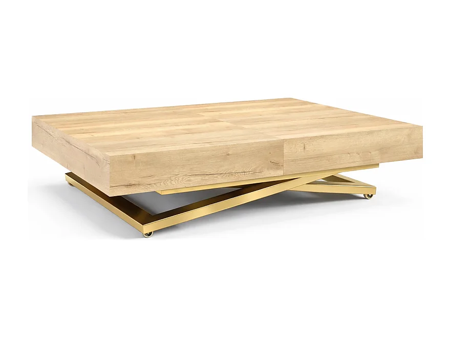 Table extensible 120 cm Ducale U - table de salon 120-200 cm, hauteur réglable, piètement doré - Natural Halifax Oak