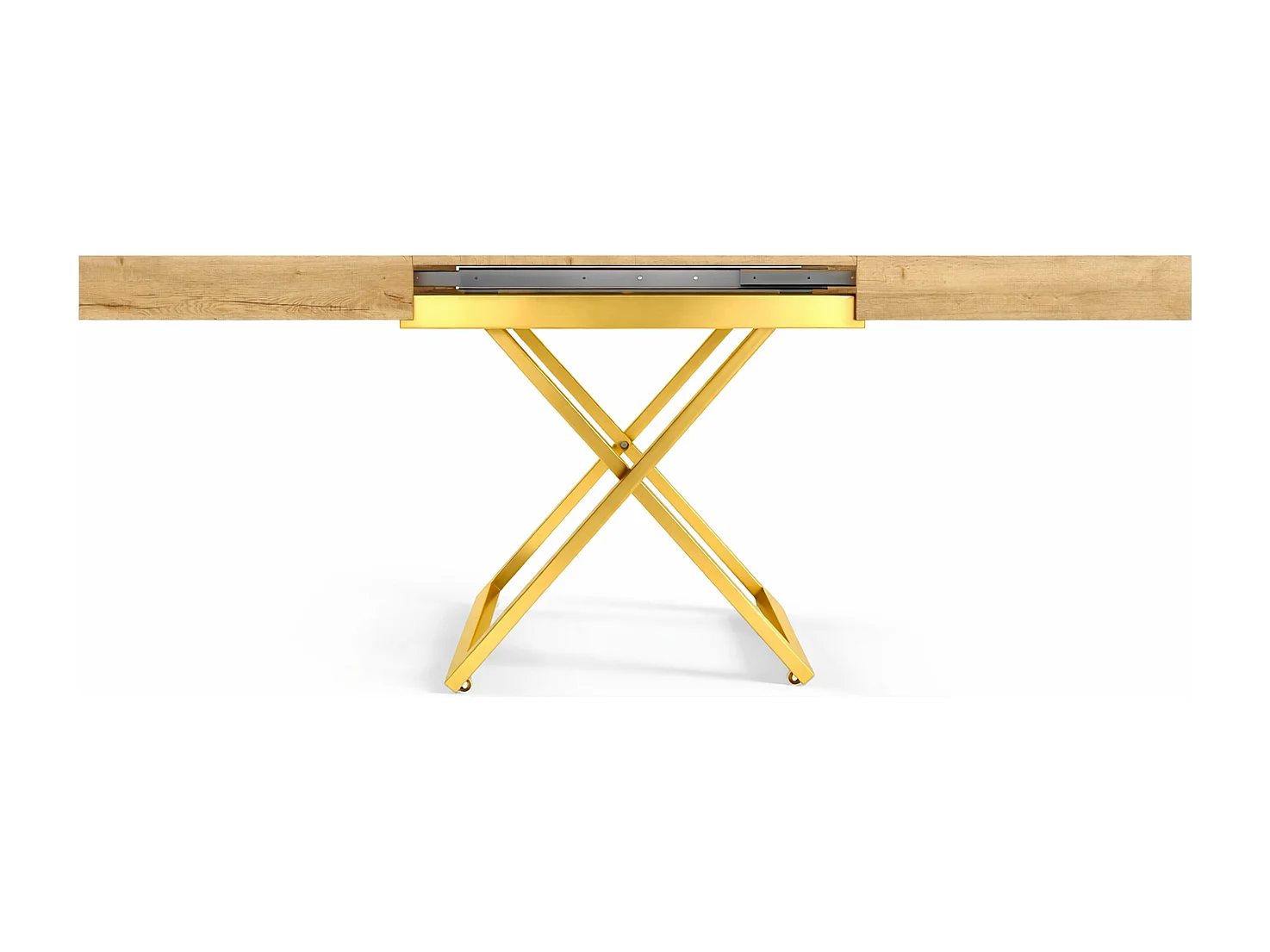 Table extensible 120 cm Ducale U - table de salon 120-200 cm, hauteur réglable, piètement doré - Natural Halifax Oak