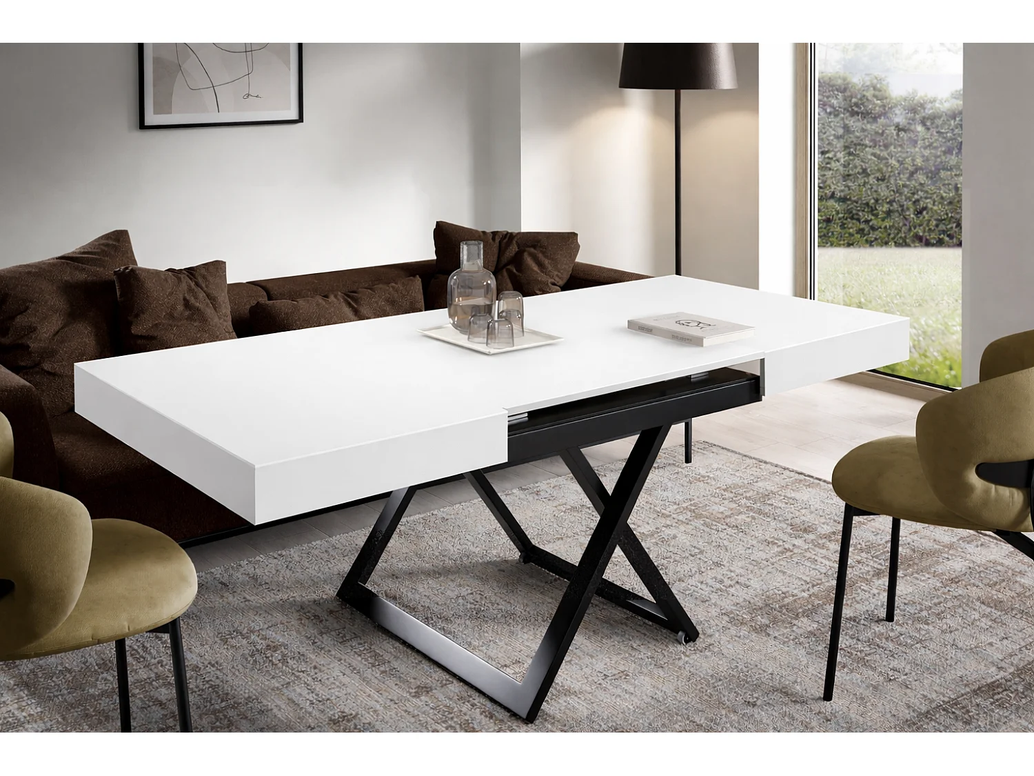 Table extensible 120 cm Ducale U - table de salon 120-200 cm, hauteur réglable, piètement noir - Blanc