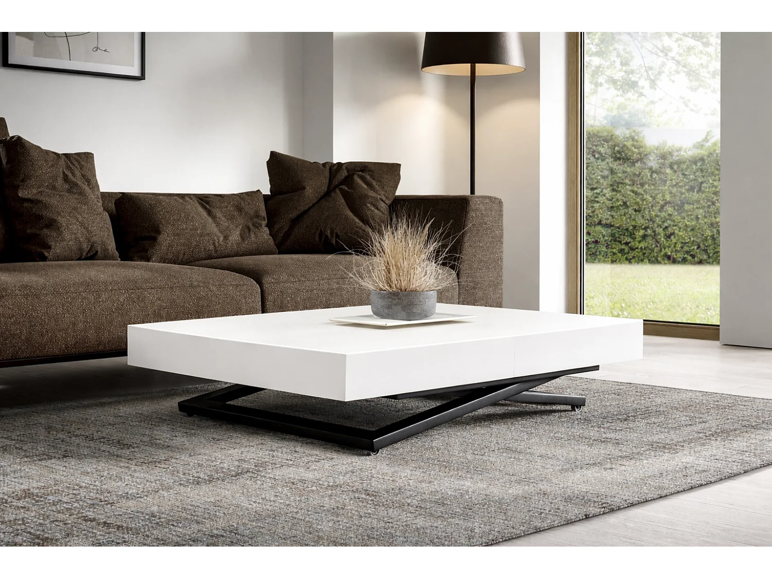 Table extensible 120 cm Ducale U - table de salon 120-200 cm, hauteur réglable, piètement noir - Blanc