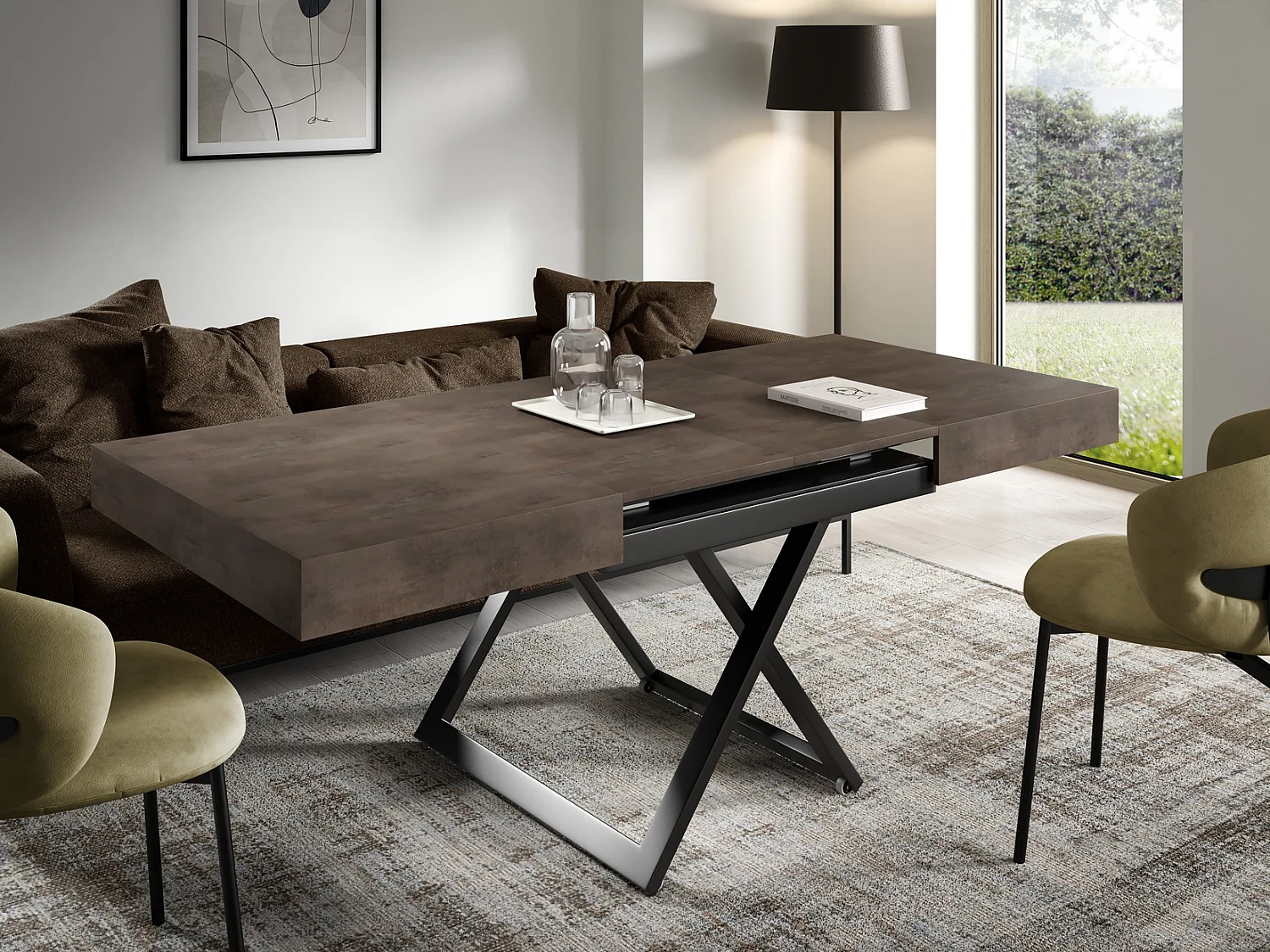 Table extensible 120 cm Ducale U - table de salon 120-200 cm, hauteur réglable, piètement noir - Dark Grey Chicago