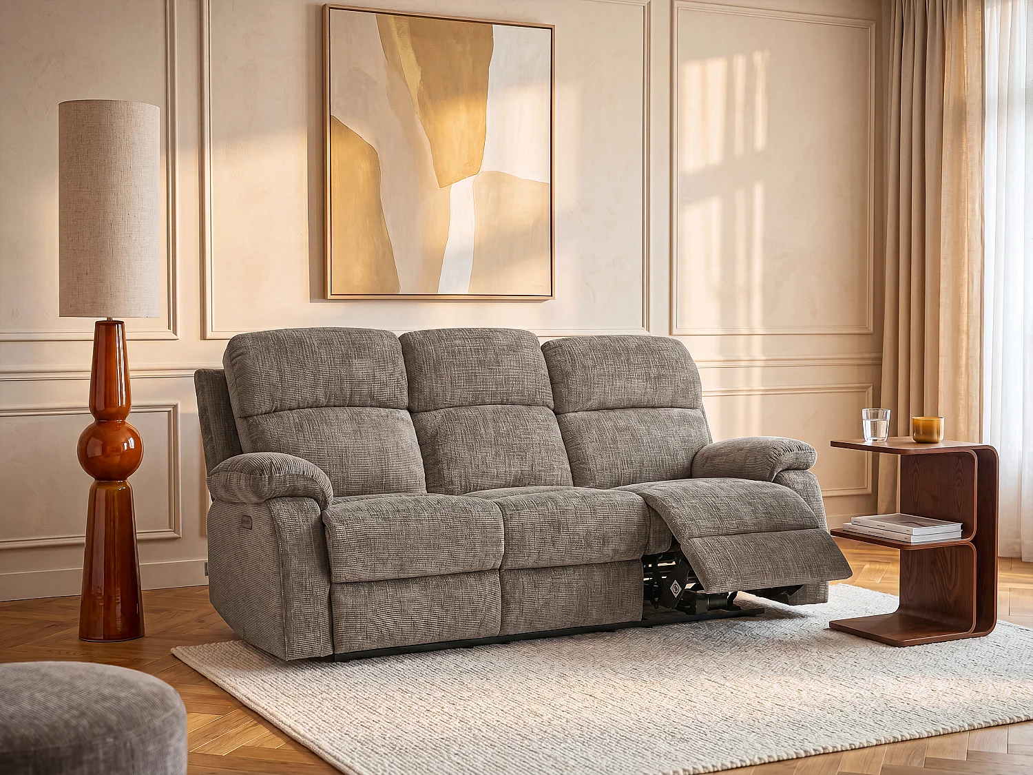 Canapé 3 places relax électrique massant en tissu chenille taupe KOCENI