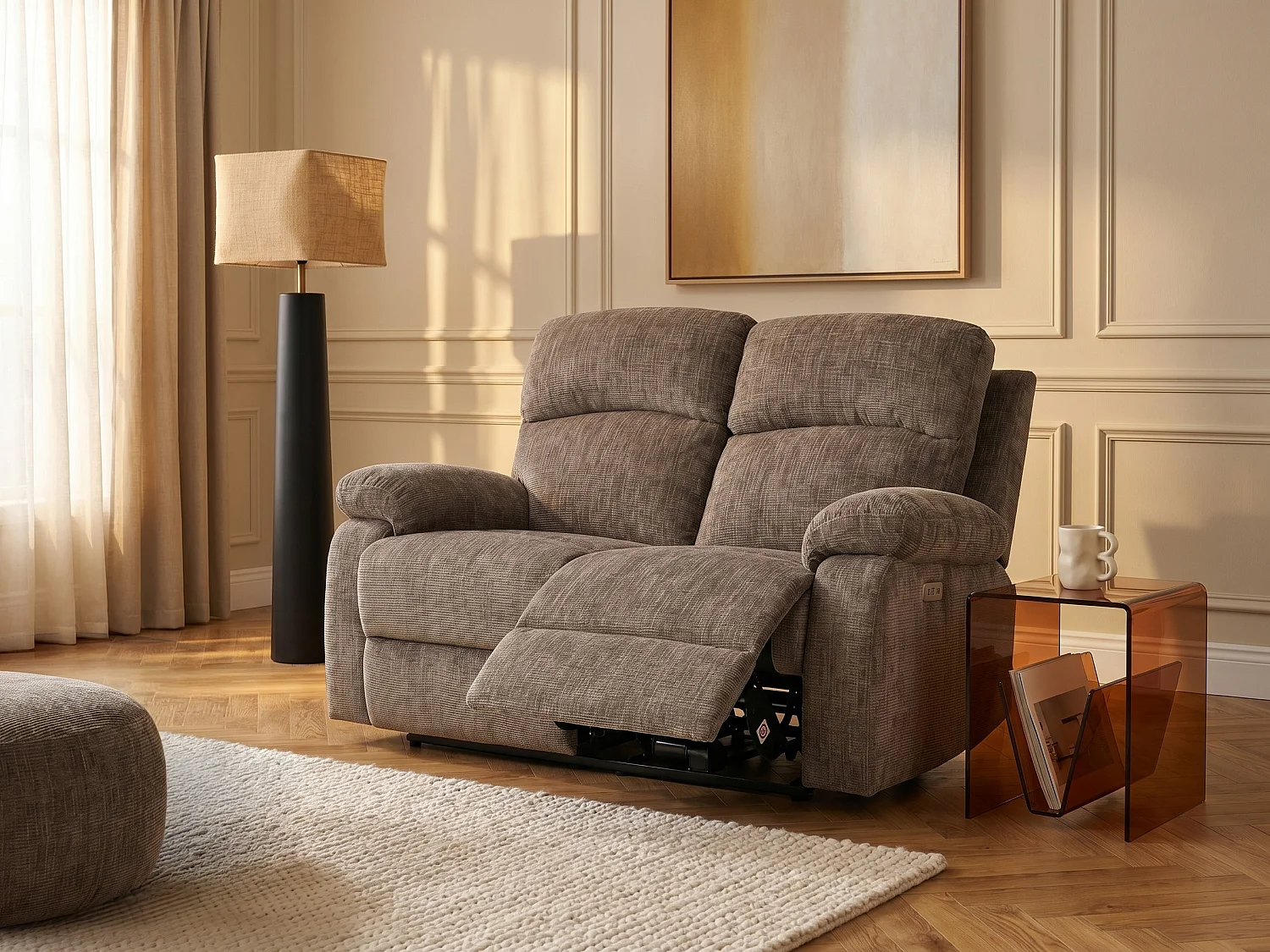 Canapé 2 places relax électrique massant en tissu chenille taupe KOCENI