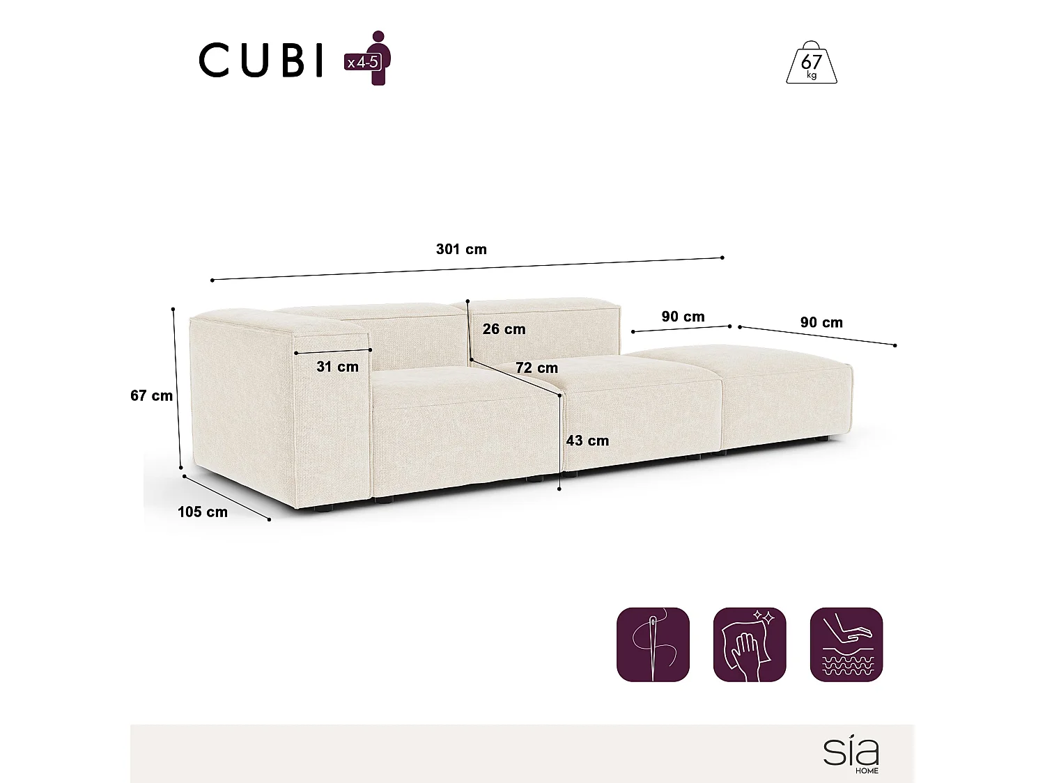 Canapé modulable 4-5 places gauche velours chenillé crème CUBI