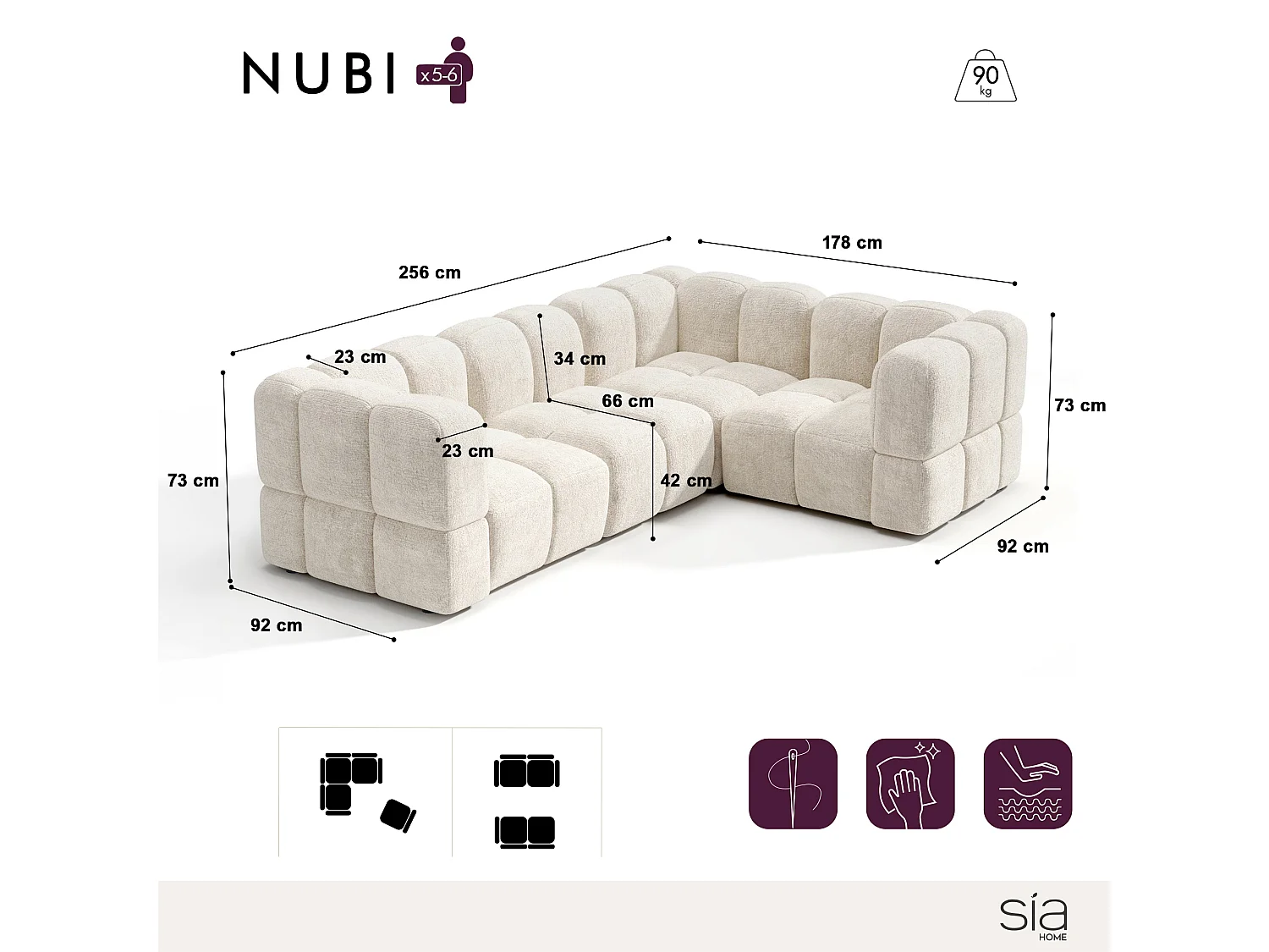 Canapé d'angle droit modulable 5-6 places velours texturé crème NUBI