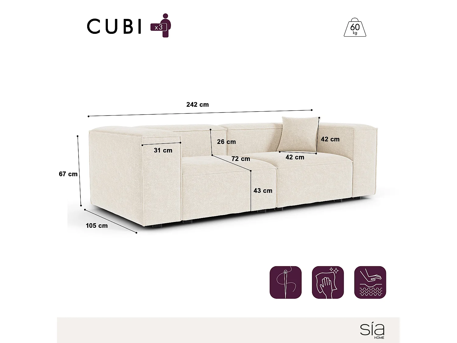 Canapé modulable 3 places velours chenillé crème CUBI